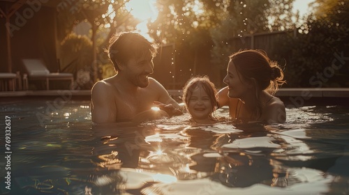 Happy family relaxing in a swimming pool in the backyard of their house