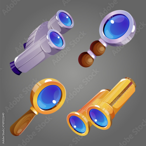 Magnifier glass and binocular cartoon vector set. Magnify tools for information search and science research. Enlarge, focus and analysis concept. Business vision and strategy or economics monitoring.