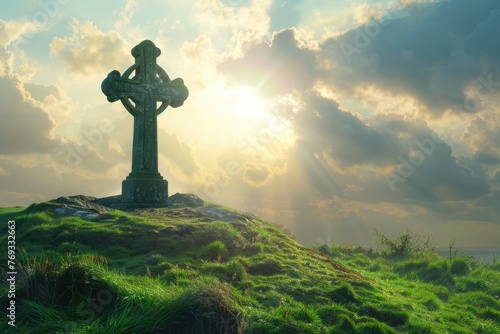 Celtic cross on a green hill with sunshine in the sky. Heavenly light behind ancient symbol of faith. AI Generated