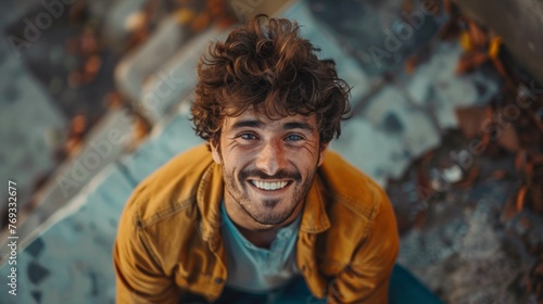 Happy young man with curly hair smiling in an urban setting.