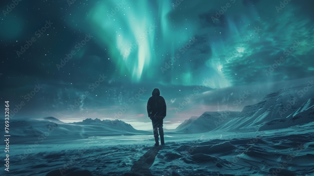 Person under the Northern Lights, solitude and wonder.