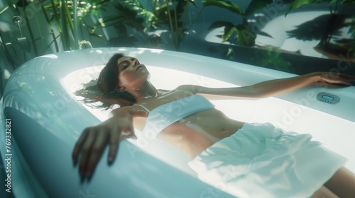 Relaxed woman floating in a sensory deprivation tank.
