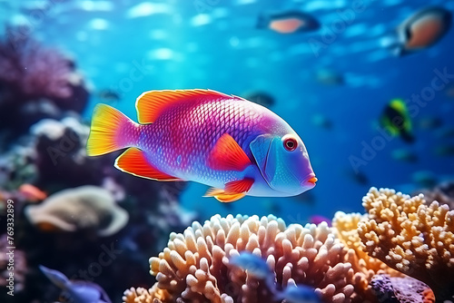 A strikingly patterned tropical fish swims near vibrant coral in the depths of a colorful underwater reef