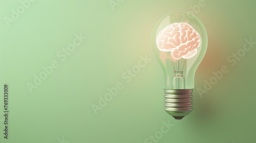 A conceptual 3D render of a light bulb with a brain inside, glowing subtly on a pastel lime green background, denoting eco-friendly innovation photo