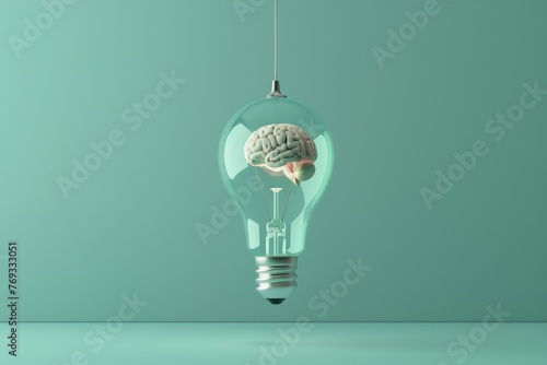 An elegant 3D render of a light bulb with a brain suspended in mid-air inside, on a pastel teal background, symbolizing floating ideas