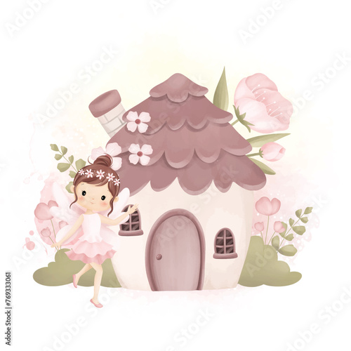 Watercolor Illustration Beautiful Fairy and Fairy House at Garden with Pink Flowers
