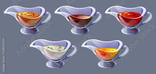 Dip sauce bowl set with mustard, mayonnaise, ketchup and cheese cream. Bbq and yogurt condiment dressing cartoon design. Different salad ingredient cup in menu. Yellow sour yoghurt and mayo for dish