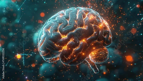 Human brain animation. Science showing the human brain against a background of burning lights. photo