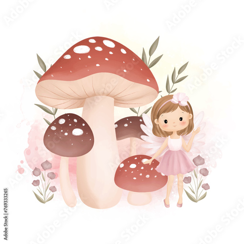 Watercolor Illustration Beautiful Fairy and Mushrooms at Garden 