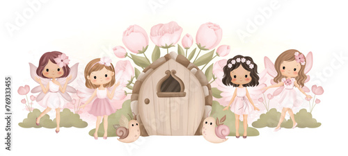 Watercolor Illustration Beautiful Fairy and Fairy House at Garden with Pink Flowers © Stella