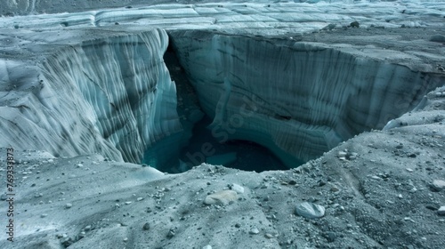 A closeup of a crevasse in a glacier its deep blue hue now turned murky and muddy due to the effects of climate change.