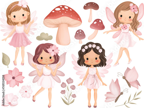 Watercolor Illustration Set of Beautiful Pink Fairy with Butterflies, Mushroom and Plants © Stella