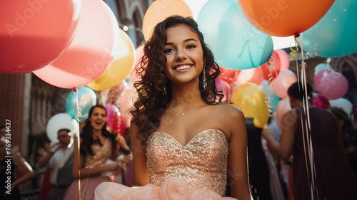 Happy 15 year old girl celebrating her Quinceanera with balloons © FATHOM