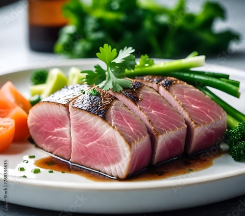 Photography of sliced seared tuna salmon fish steak on the table with leafy background