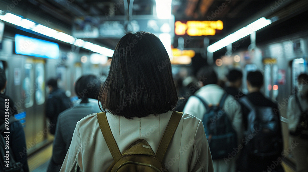 A woman walking in subway train station