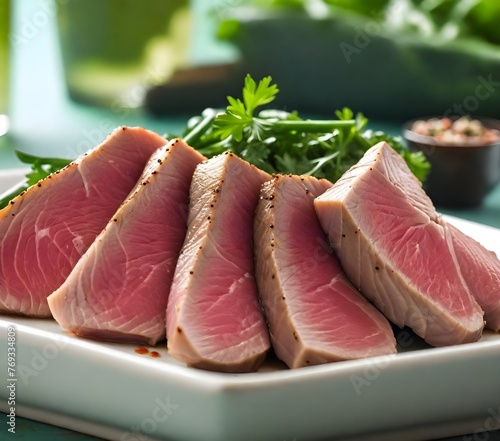 Photography of sliced seared tuna salmon fish steak on the table with leafy background