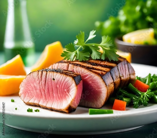 Photography of sliced seared tuna salmon fish steak on the table with leafy background