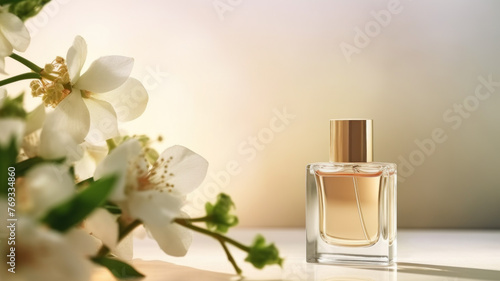 A bottle of perfume and branches of a blossoming apple tree.	