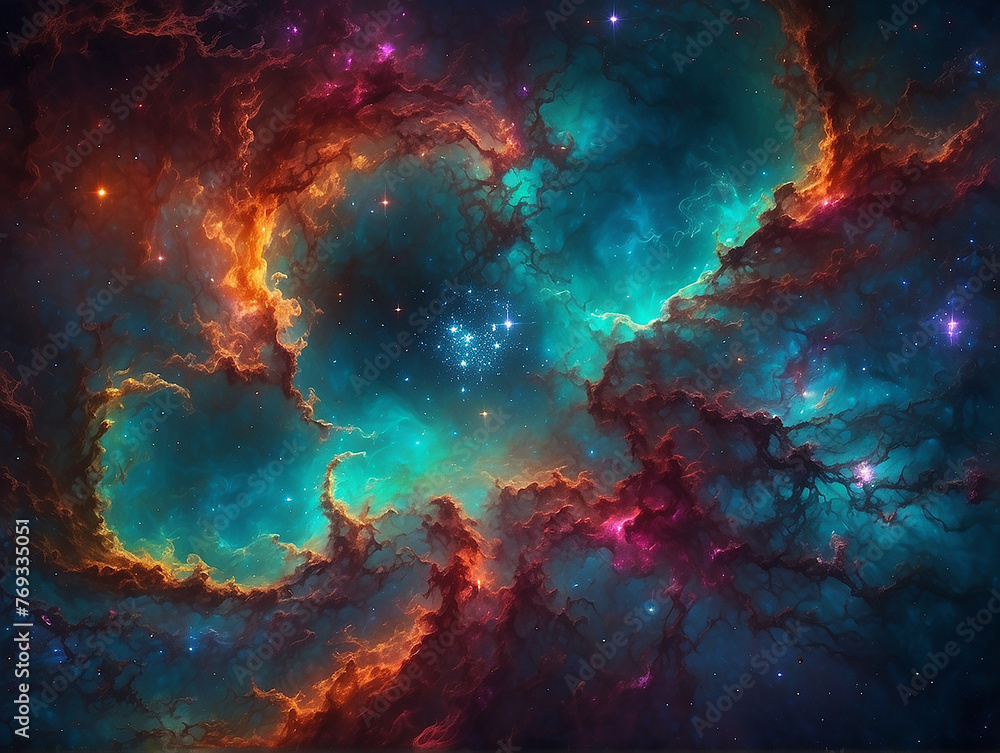 Fototapeta premium Cosmic inspired background, flaming corals, vibrant colors, ethereal atmosphere, star clusters, nebulae, galaxies, cosmic dust, space elements, radiant glow, astral patterns, art High definition digit