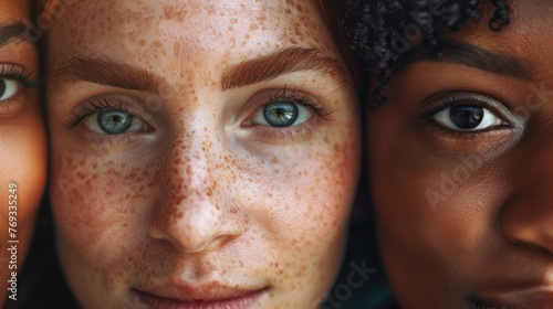 Close-up of two young women showcasing their diverse beauty with a focus on eyes and freckles.