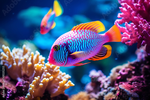 A strikingly patterned tropical fish swims near vibrant coral in the depths of a colorful underwater reef © Breyenaiimages