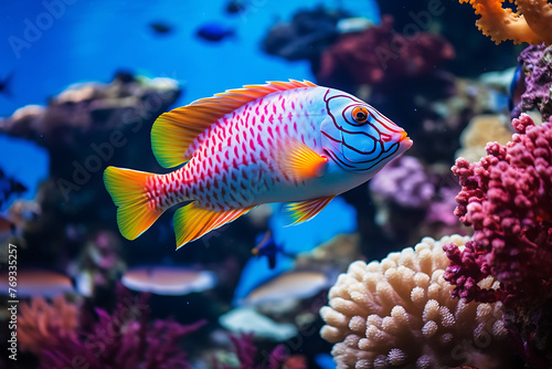 A strikingly patterned tropical fish swims near vibrant coral in the depths of a colorful underwater reef