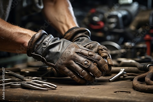 Close-up of a worker's hand in a leather glove working in a workshop