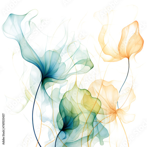 A watercolor colorful flower is surrounded by cream and gold leaves on white and transparent background