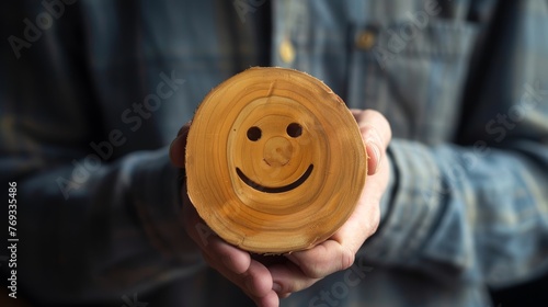 male hand holding a wooden cut circle with smiling face on it, copy and text space, 16:9