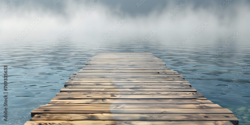 A wooden pier on a misty lake foggy backdrop,   A Wooden Pier Emerges from Dawn's Mist, Framed Skies and Rolling Hills, Adorned with Floating Buoys  - obrazy, fototapety, plakaty 