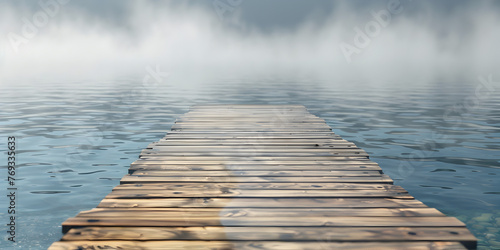 A wooden pier on a misty lake foggy backdrop,   A Wooden Pier Emerges from Dawn's Mist, Framed Skies and Rolling Hills, Adorned with Floating Buoys  photo