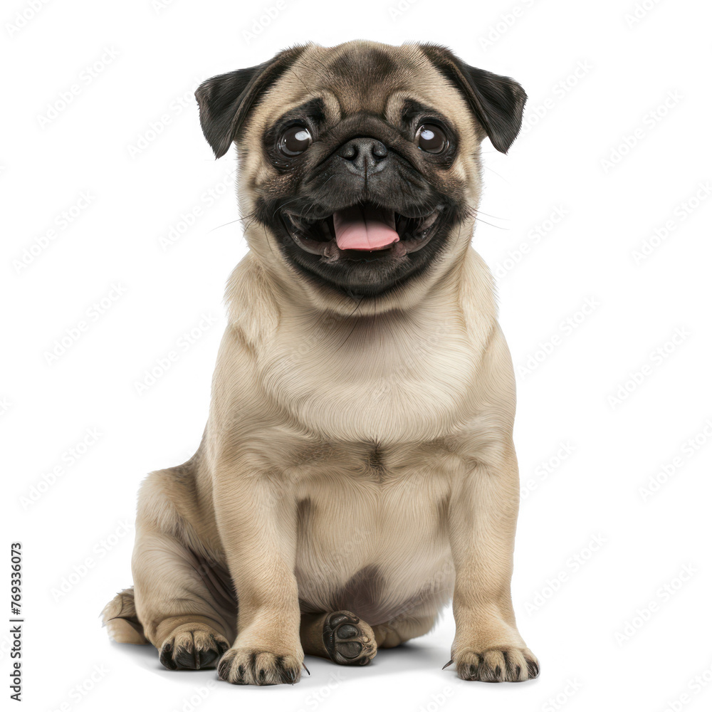 Pug, sitting and panting, 1 year old on transparency background PNG
