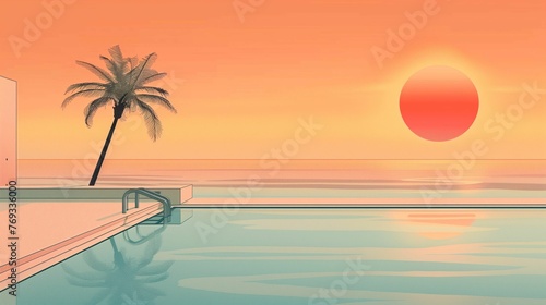 Poster minimalism retro beach poster with palm trees and with red sun design  