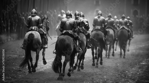 A line of armored horses backs to the camera gallop towards the jousting field. powerful muscles rippling under . . © Justlight