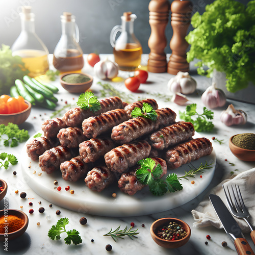 Grilled Mici Minced Meat Rolls on Marble Counter