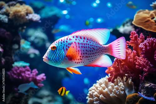 A strikingly patterned tropical fish swims near vibrant coral in the depths of a colorful underwater reef © Breyenaiimages