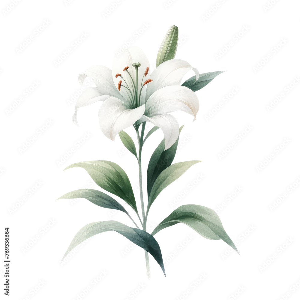 Fototapeta premium Watercolor lily clipart with elegant white petals and green stems. watercolor illustration, Floral bouquets. Hand drawn clipart for wedding invitations, birthday stationery, greeting cards, scrapbook