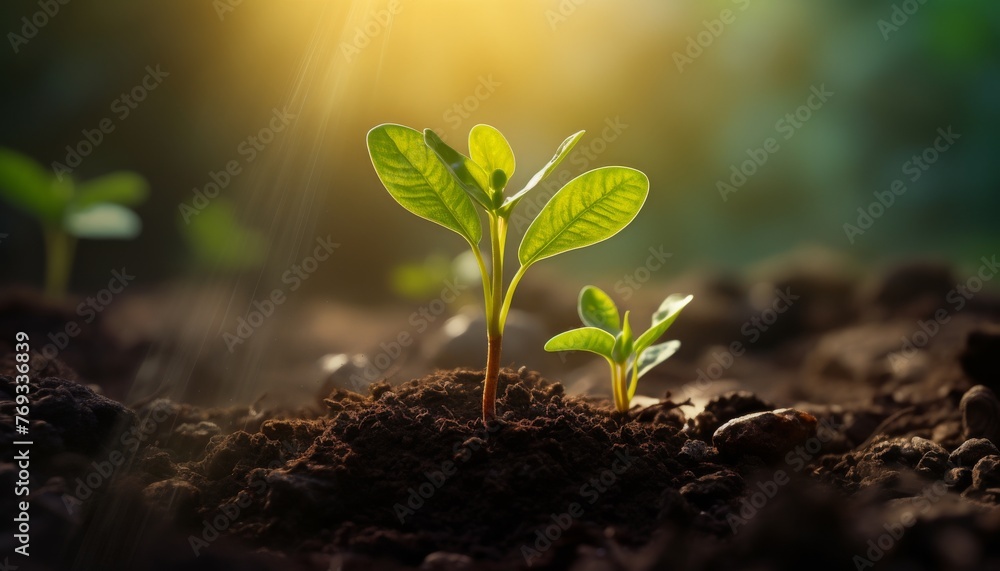 Plant shoots that grow and are exposed to morning sunlight Plant shoots that grow and are exposed to morning sunlight