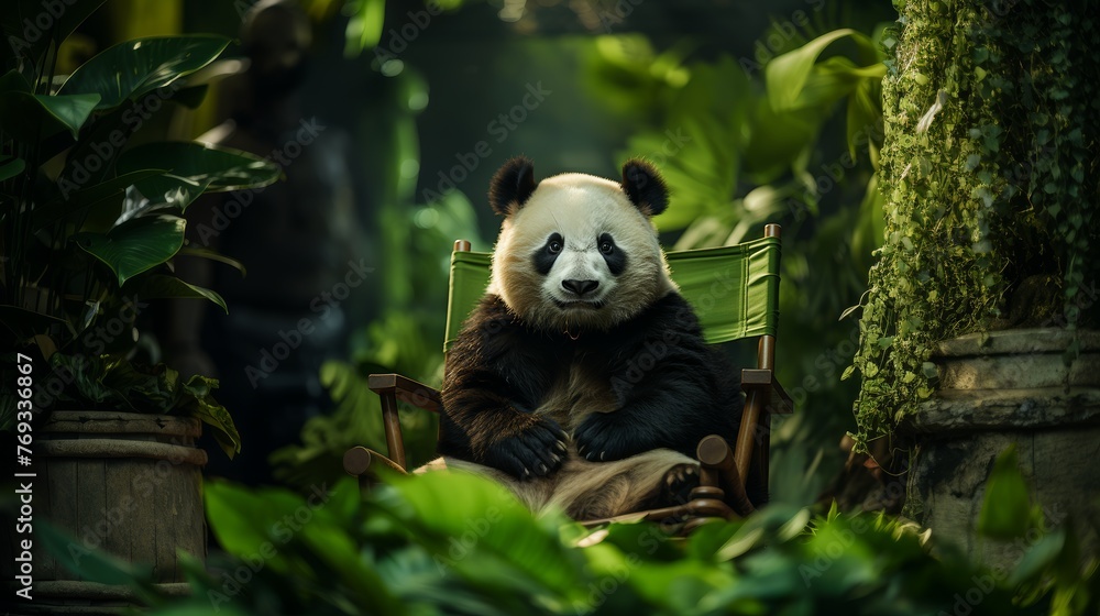 panda is sitting on the chair on the green background