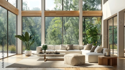 Spacious and modern living room boasting floor-to-ceiling windows with a view of green trees, complemented by a large, comfortable sectional sofa and indoor plants.