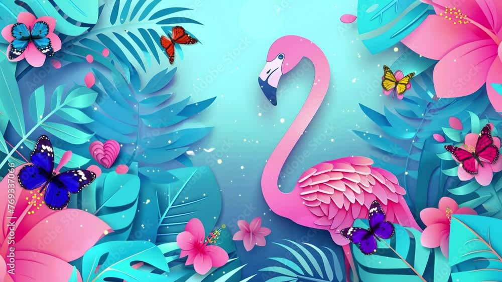 summer sale banner with pink paper cut flamingo on blue background. seamless looping overlay 4k virtual video animation background summer sale banner with pink paper cut flamingo on blue background. seamless looping overlay 4k virtual video animation background