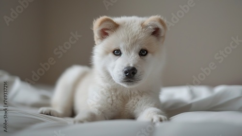 Portrait of a white Akita inu puppy
