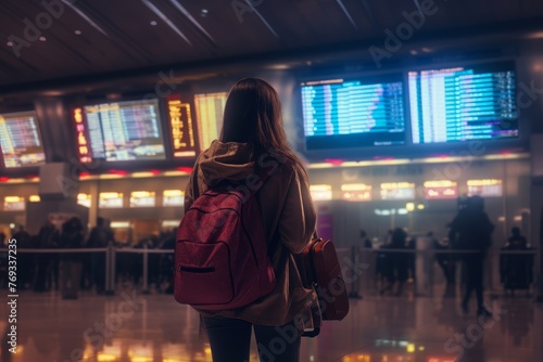 A young woman at the international airport looks at the scoreboard with information about flights, a view from the back. 