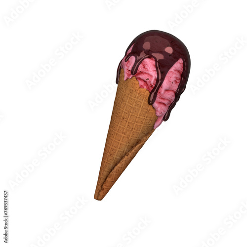 a chocolate ice cream cone with pink and red toppings