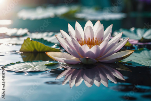 white and purple waterlily lotus flower with summer spring reflection close-up macro in nature, rays of sunlight against turquoise sky reflect on beautiful pond, copy space, panoramic view.