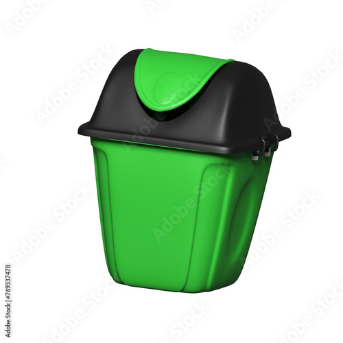 a green and black trash can with a lid