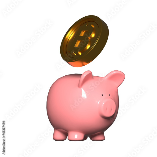 a pink piggy bank with a bit coin coming out of it
