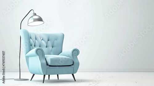 Blue armchair, there is modern lamp near armchair, interior design, white background, style raw 