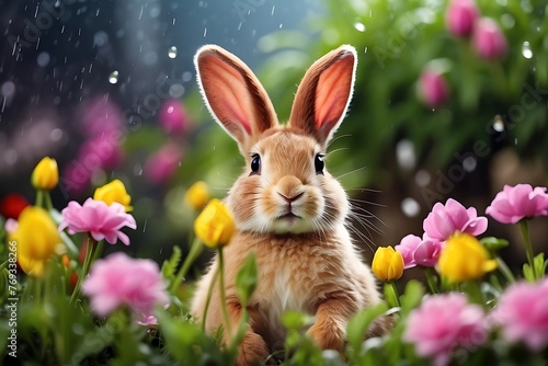 Cute Easter bunny sitting in the garden with tulips and rain. moonsoon rain season concept