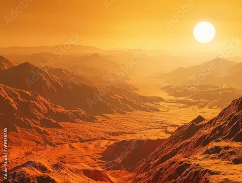 A desert landscape with a large sun in the sky